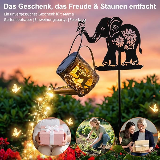 Solar Watering Can Lights Outdoor Decor with Elephant Stake & Fairy Silhouettes, Cascading String Lights for Garden, Patio, Yard - Waterproof Solar Powered Gift for Mom, Housewarming, Birthday