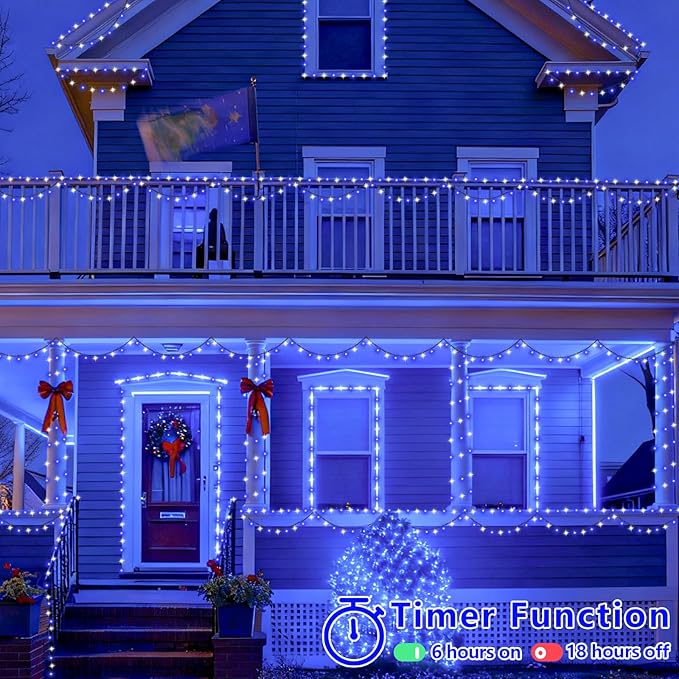 YEGUO Christmas Lights Battery Operated, 2 Pack Each 33ft 100 LED Blue and White String Lights Outdoor Waterproof, 8 Modes Green Wire Fairy Light Indoor with Remote