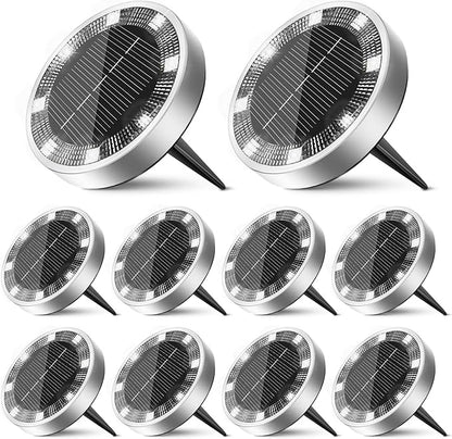 10 Pack Solar Ground Lights Outdoor, 8 LED Mini Flat Solar Disk Lights, IP65 Waterproof Anti-Rust Disc Light, Landscape Lighting for Garden Pathway Yard Walkway Driveway Lawn,Cool White