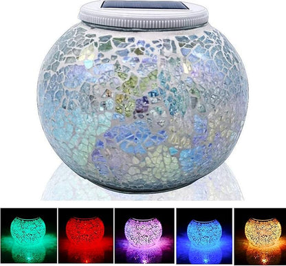 Solar Powered Color Changing Mosaic Crackle Glass Table Lamp - Waterproof LED Night Light for Bedroom, Yard, Patio, Halloween, Christmas Decorations (Crackle Glass, White)