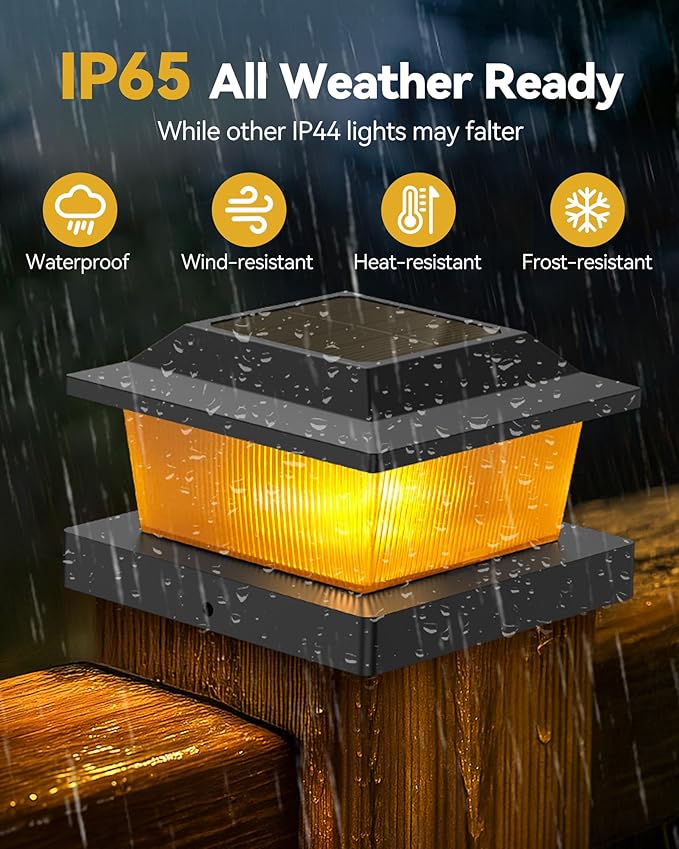 Solar Post Cap Lights Outdoor for 3.5x3.5 4x4 5x5 Wood/Vinyl Posts, 2 Pack Fence Post Solar Lights with Flickering Flame & Warm Modes for Deck/Garden/Patio, IP65 Waterproof - Black
