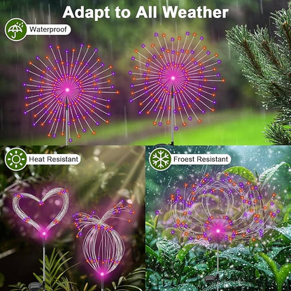 Solar Garden Lights Outdoor, 2 Pack 120 LED Twinkling Firework Lights Decorative with 2 Modes, Outdoor Waterproof Solar Starburst Light for Outside Yard Pathway Garden Decor, Purple + Orange