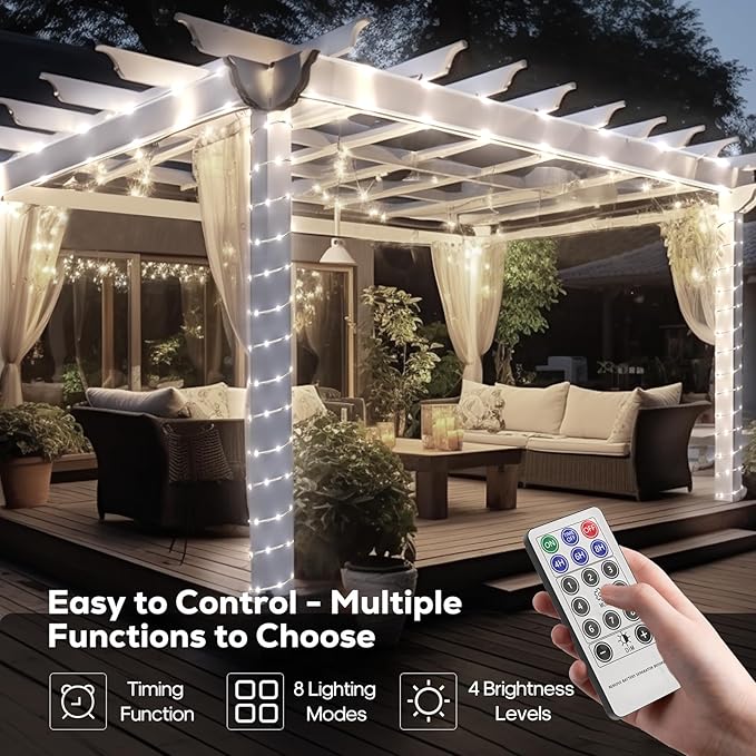 ICRGB Solar Rope Lights Outdoor, 39FT 100 LED Solar Rope Lights,IP67 Waterproof, 8 Modes, Outdoor Patio Porch Tree Wedding Christmas Pool Garden Decorative (Cool White, 39FT)