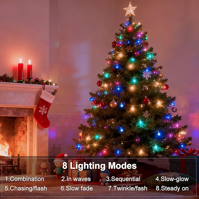 4 Pack Christmas String Lights Battery Operated, Each 50 LED16.5Ft Dark Green String Lights Auto Timer 8 Modes Indoor Outdoor Xmas Wreath Tree Decor (Multicolor)