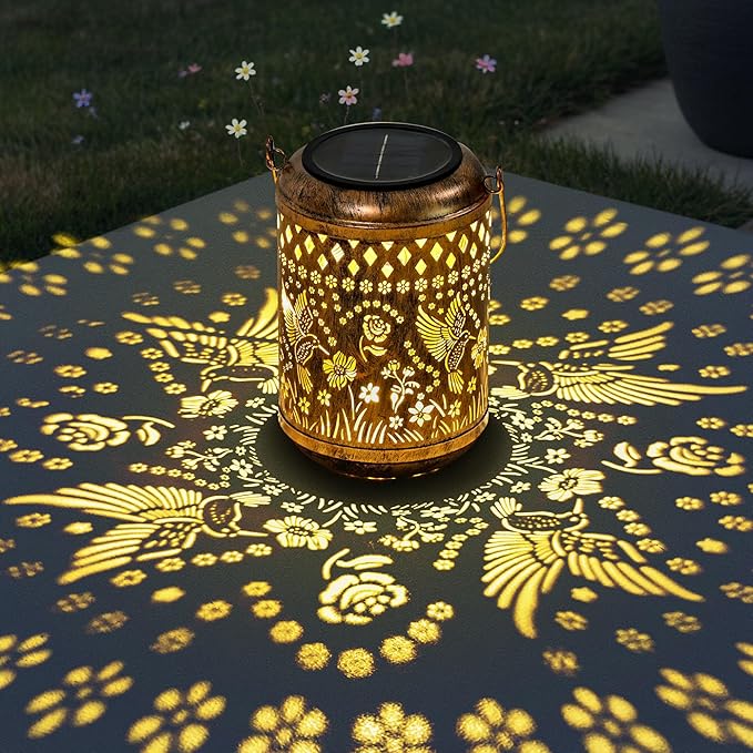 Hummingbird Gardening Gifts Outdoor Solar Lanterns, 2 Pack Garden Decor for Outside, Hanging Solar Lanterns Decorative Gifts for Women Birthday Unique Vintage Table Metal Lights for Yard, Balcony