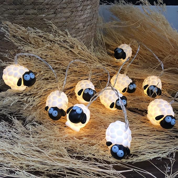 Cute Painted Sheep Night Light LED Sheep Ornaments String Lights Black Sheep Fairy Light Battery Powered Indoor Outdoor Party Decor Night Light (20LED, Black Sheep)