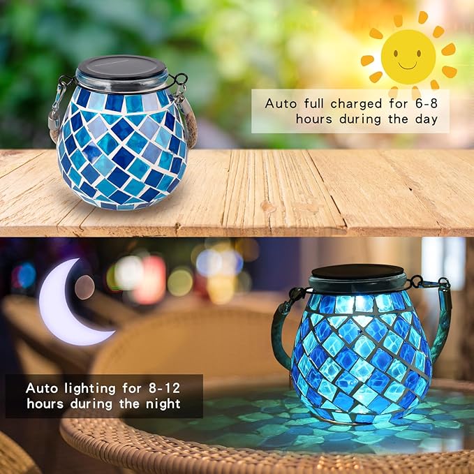 Mosaic Solar Lights Outdoor Lanterns, Decorative Mosaic Glass Solar Lamps Outdoor Waterproof, Hanging Lanterns Night Lights for Garden, Patio, Pathway & Yard Decor (Blue)