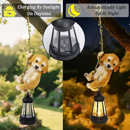 Solar Hanging Dog Statue, Outdoor Resin Golden Retriever Dog Figurine with LED Lights, Puppy Animal Ornament for Garden, Fence, Porch, Patio, Yard Decor, Dusk to Dawn Auto On/Off
