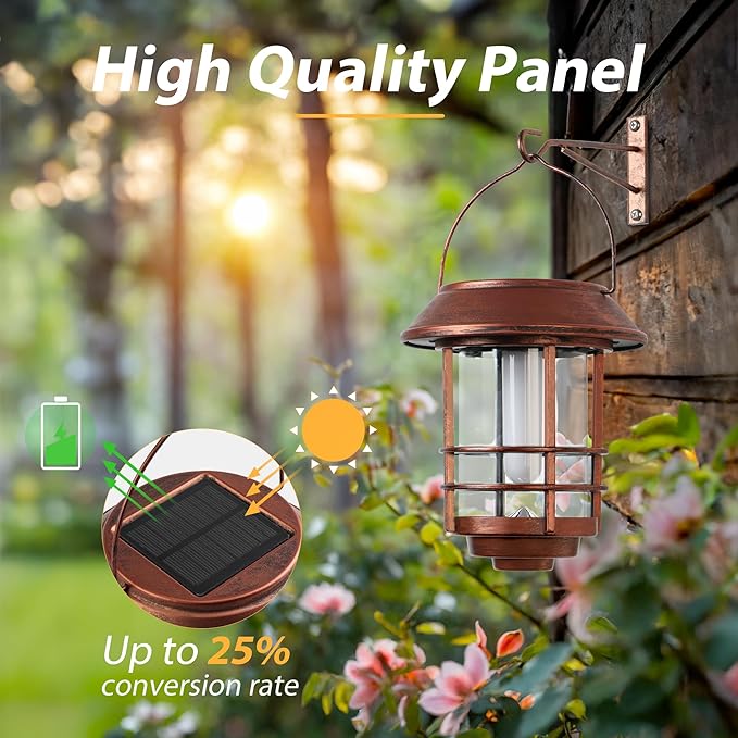 Otdair Solar Lanterns Outdoor Waterproof, 2 Pack Flickering Flames Wall Garden Decor with Glass Shade, Hanging Solar Lights Wall Mount Decorations for Halloween, Front Porch, Patio, Yard, Bronze