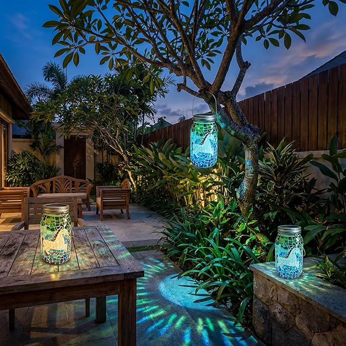 7.5" Large Mosaic Solar Lantern Outdoor: Gradient Emerald Azure Stained Glass Jar Decorative Silhouette Hanging Lights for Garden Patio Yard Artistic Glass Vase Table Lamp Gifts for Women