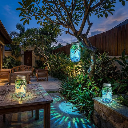 7.5" Large Mosaic Solar Lantern Outdoor: Gradient Emerald Azure Stained Glass Jar Decorative Silhouette Hanging Lights for Garden Patio Yard Artistic Glass Vase Table Lamp Gifts for Women