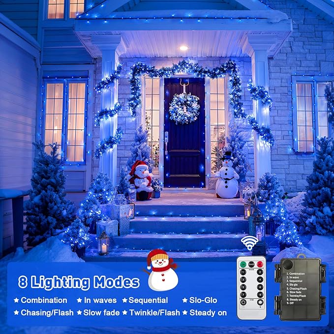 JMEXSUSS 2 Pack 100 LED Blue Christmas Lights Battery Operated, Each 33 FT Blue String Lights Indoor Outdoor Waterproof，Christmas Tree Lights with Remote for Garden Porch Yard Decor