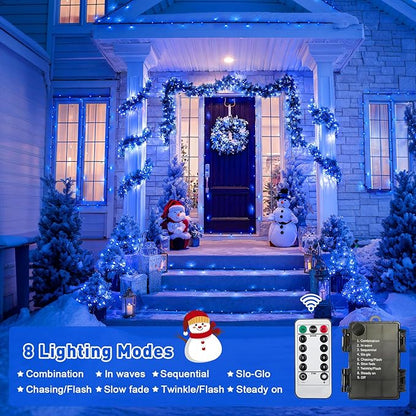 JMEXSUSS 2 Pack 100 LED Blue Christmas Lights Battery Operated, Each 33 FT Blue String Lights Indoor Outdoor Waterproof，Christmas Tree Lights with Remote for Garden Porch Yard Decor