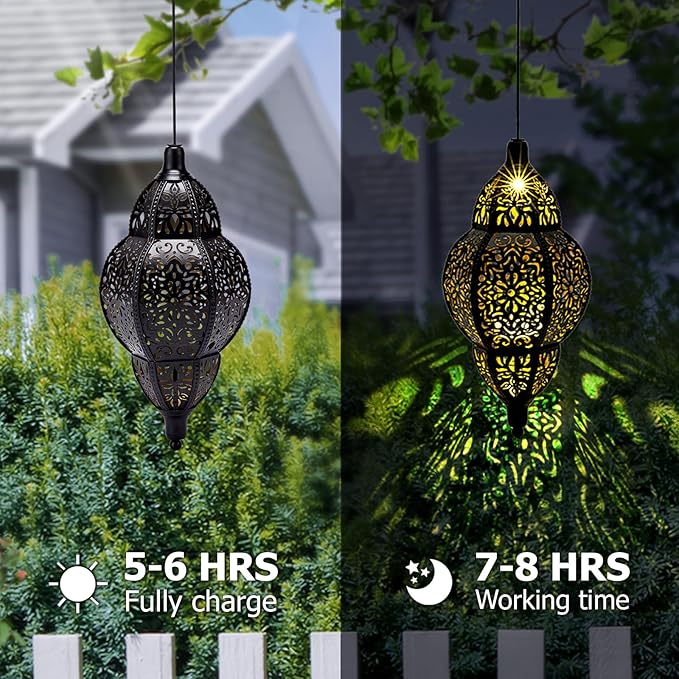 Hanging Solar Lantern Outdoor Decor, Moroccan Solar Lights for Outside Garden Decorations, Waterproof Solar Lanterns Garden Gifts for Mom, Women, Patio, Yard Ornament (Black)