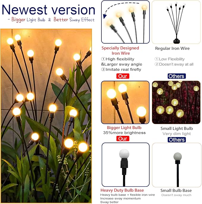 TONULAX Solar Garden Lights - Upgraded Solar Swaying Light, Sway by Wind, Outdoor Lights, Yard Patio Pathway Decoration, High Flexibility Iron Wire & Heavy Bulb Base, Warm White(12 Pack)