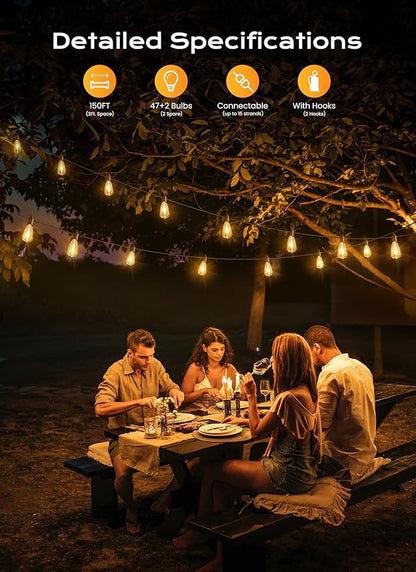 Brightown Outdoor String Lights, 150ft 49 ST38 Shatterproof LED Patio Lights, Dimmable IP65 Waterproof