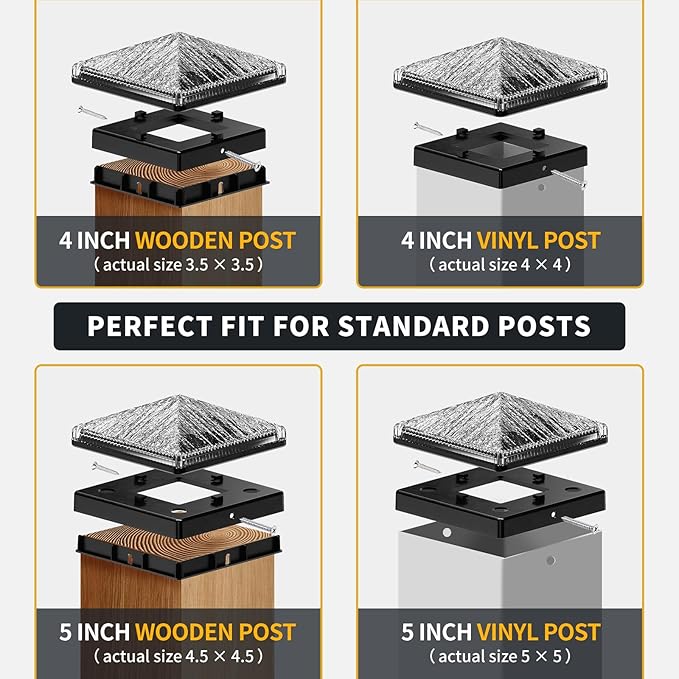 Glass Solar Post Cap Lights with Timber Style - Decorative Deck Fence Lights for 4x4 5x5 Posts Hidden Solar Panel, Modular Design, 10Hr Runtime, IP65, Warm White, Black, 8 Pack