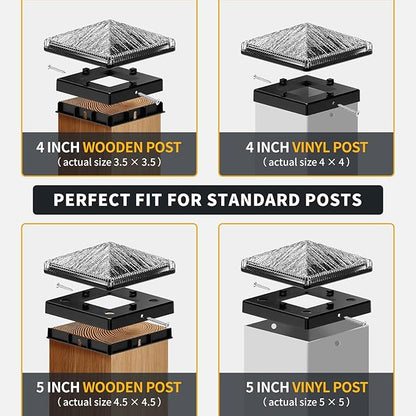 Glass Solar Post Cap Lights with Timber Style - Decorative Deck Fence Lights for 4x4 5x5 Posts Hidden Solar Panel, Modular Design, 10Hr Runtime, IP65, Warm White, Black, 8 Pack