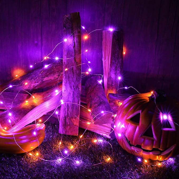 Joomer Orange Purple Battery Halloween Fairy Lights, 2 Pack 16.4FT 50LED 2 Modes Twinkle String Lights for Indoor Outdoor Halloween Decorations