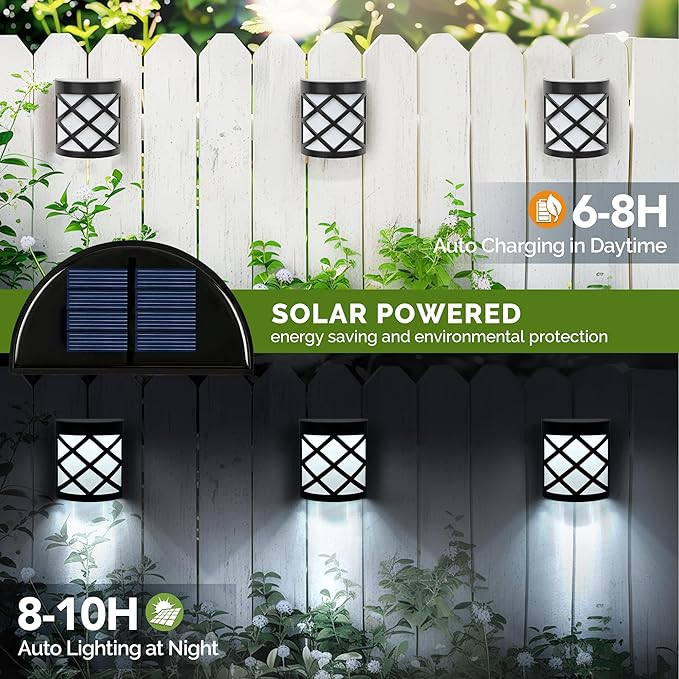 GIGALUMI 8 Pack Solar Fence Light Cold White Porch Solar Powered Decor Outdoor Waterproof Wall Fence Lights for Garden, Yard, Patio, Front Door, Garage