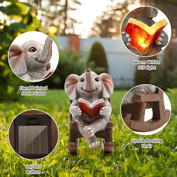 Garden Statues Elephant Outdoor Decor Lights, Lucky Miniature Elephant Statue Solar Garden Decor for Patio,Porch,Home Yard Decor Elephant Gifts for Mom,Women, 2.04"x3.34"x3.93"