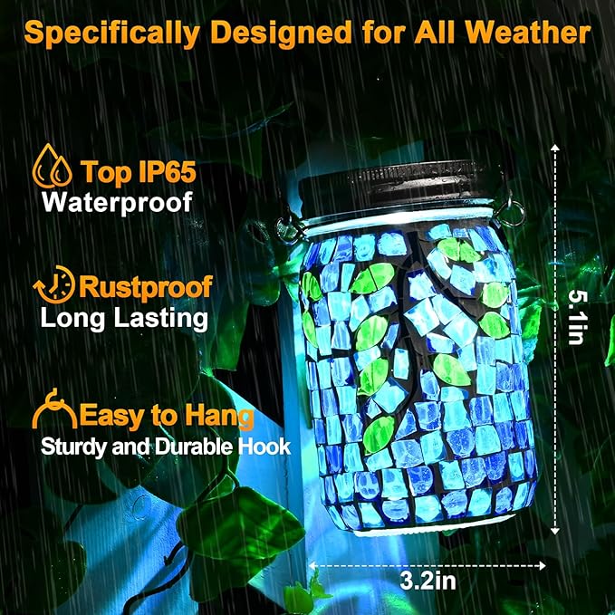 Uspring 2 Pack Mosaic Solar Lanterns Outdoor Waterproof Garden Decor Stained Glass Hanging Solar Jar Lights Gifts for Women Mom Grandma Handmade Outdoor Lantern Lamp for Patio Porch Yard Table