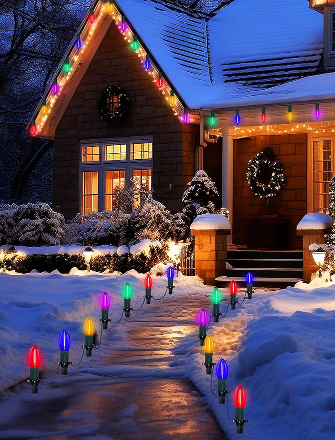 C9 LED Christmas Pathway Lights Outdoor 38Ft 25 LED C9 Multicolor Bulbs Christmas Pathway Stakes Lights, Connectable Outdoor Walkway Lights for Yard Patio Sidewalk Driveway Garden Lawn Decor