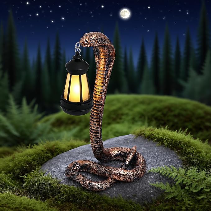 Solar Lantern Outdoor Snake Statues Garden Decoration, Yard Art Lawn Decor for Porch, Patio, Balcony, Housewarming Gifts for Birthday, Father's Day, Halloween (Brass Color)