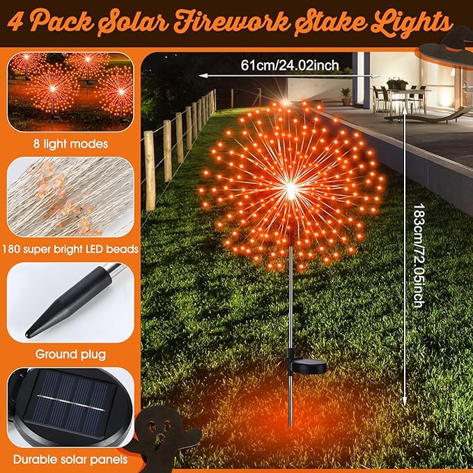 6 Pcs Easter Solar Firework Stake Lights 180 LED 8 Modes Solar Waterproof LED Sparkler Lights Outdoor Decoration for Easter Day Xmas Holiday Garden Patio Yard Pathway Walkway, Orange