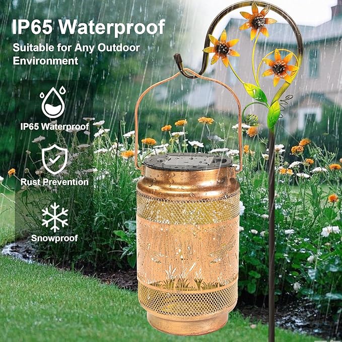 2 Pack Dragonfly Solar Lanterns Outdoor Waterproof Solar Garden Decor, Birthday Gifts for Women Mom Grandma, Metal Hanging Lights with Shepherd Hook for Outside Yard Patio Pathway Porch