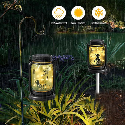 YJFWAL Solar Cat & Butterfly Lanterns Outdoor Waterproof - Cat Lover Gifts for Women Mom Grandmom Birthday Mothers Day, LED Hanging Mason Jar Fairy Lights for Garden Yard Patio Decor