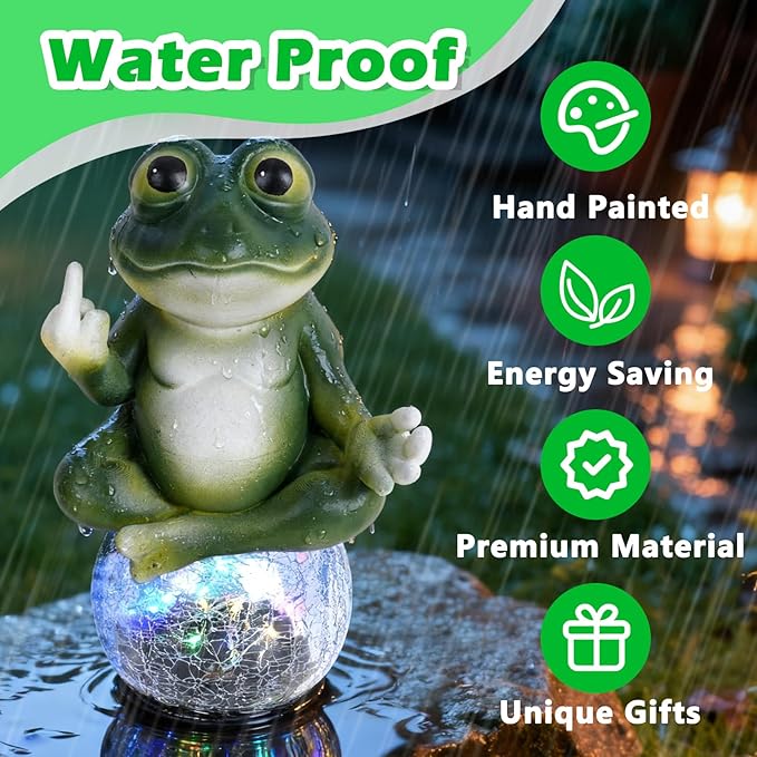 Funny Meditating Frog Garden Statue - Outdoor Statues & Yard Art for Patio Backyard - Sassy Zen Frog Statue with Solar Lights - Unique Birthday Gifts for Mom Grandma & Gag Gift for Friends