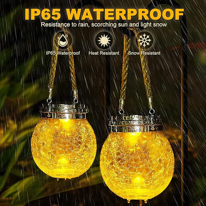 DBF Solar Lanterns Outdoor Waterproof, 4 Pack Hanging Solar Lights Outdoor Garden Decor, Amber Warm & RGB LED Globe Cracked Glass Ball Lantern for Yard Tree Fence Patio Porch Events Deck Pathway