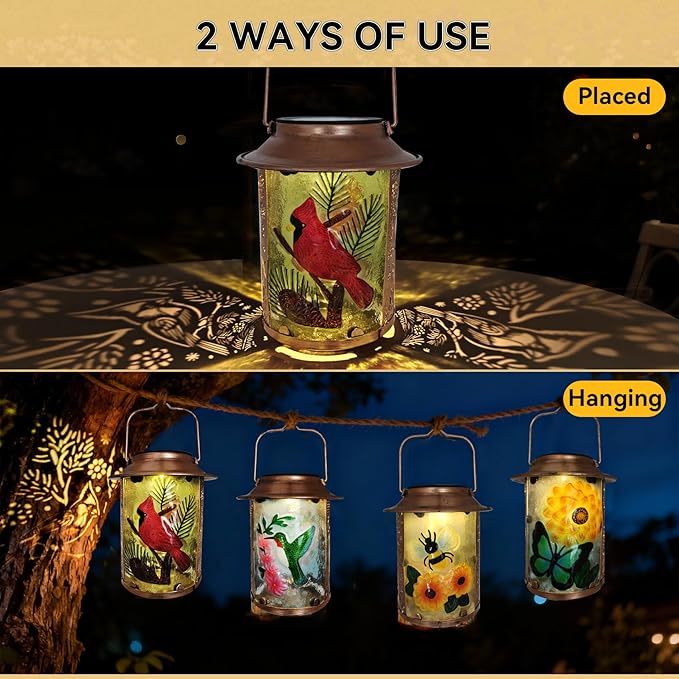 10" H Cardinal Solar Lanterns Outdoor, Metal Glass Hanging Solar Lanterns with Hollow Out Retro Cardinal Lights, Decorative for Garden Yard Patio Pathway Tabletop Gifts