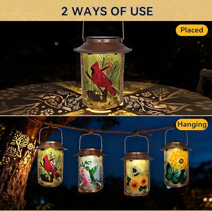 10" H Cardinal Solar Lanterns Outdoor, Metal Glass Hanging Solar Lanterns with Hollow Out Retro Cardinal Lights, Decorative for Garden Yard Patio Pathway Tabletop Gifts