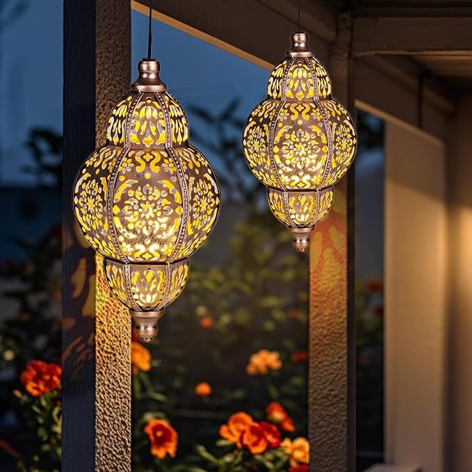 Hanging Solar Lanterns,Outdoor Garden Decor Solar Lantern Metal Moroccan Yard Art Gardening Decorative,Outside Hanging Lights Christmas Decorations for Gazebo Patio Chandelier Garden Gift