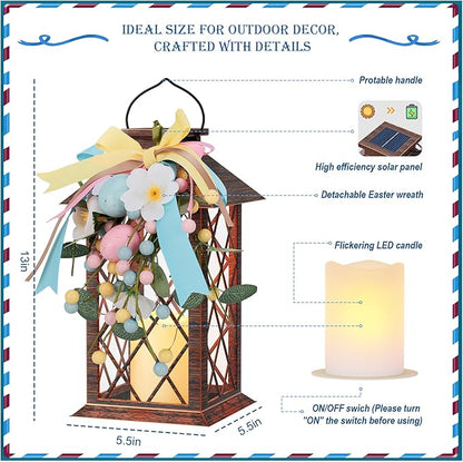 Easter Solar Lanterns Outdoor Waterproof, Hanging Spring and Easter Lantern with Flickering LED Candle, 13'' Bronze Outside Solar Powered Decorative Lantern for Patio Porch Garden Yard Pathway, 1 Pack
