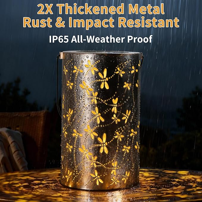 Outdoor Solar Garden Lights: Solar-Powered Yard Patio Hanging Decoration Lanterns with Handle, Outside Waterproof Decorative Lamps with Dynamic Dragonfly Pattern(Dragonfly)