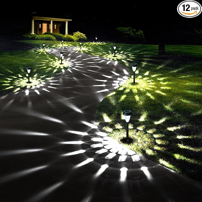 GIGALUMI 12 Pack Solar Lights Outdoor Waterproof, Cool White Pathway Lights Solar Powered, Landscape Lighting, Solar Garden Light for Decor, Patio, Garden, Yard, Pathways, Walkways
