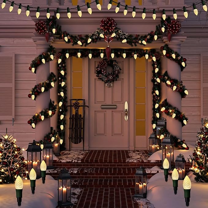Solar Christmas Pathway Lights Outdoor, 20 LED C9 With 20 Stakes, 23FT Decorations Strawberry String for Roof Yard Patio Walkway Driveway, Warm White
