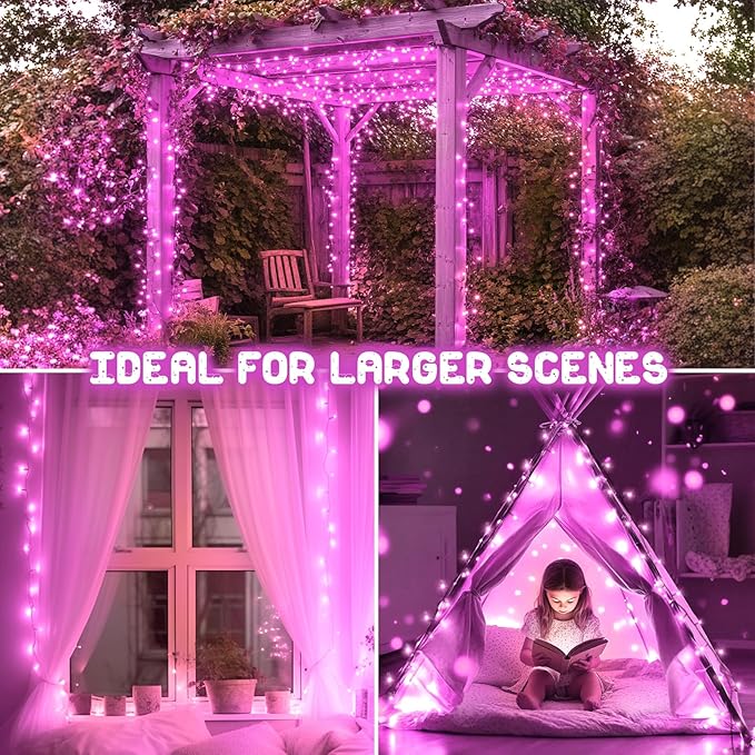 Pink Christmas Lights Outdoor Battery Operated String Lights Total 100LED 33Ft with Timer 8 Modes 16.4Ft*2 Waterproof Outdoor Indoor for Christmas Decor, Pink, 2-Pack