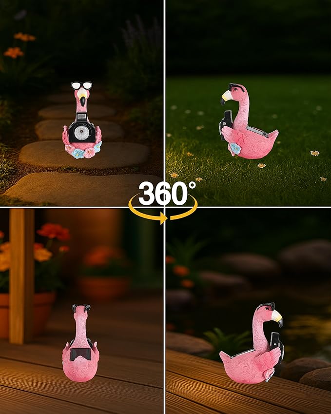 Solar Flamingo Garden Statue with Camera Light – 5.5in Tall Solar Powered Outdoor Figurine for Yard, Patio, Balcony – Funny Garden Decor, Gift for Women (Flamingo)