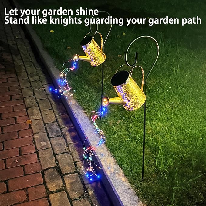 2 Pack Solar Watering Can Lights with Shepherd Hook,Solar Powered Watering Can Light Waterproof Outdoor Garden Hanging Decoration,8 Multi-Color Changing Modes(Multicolour).