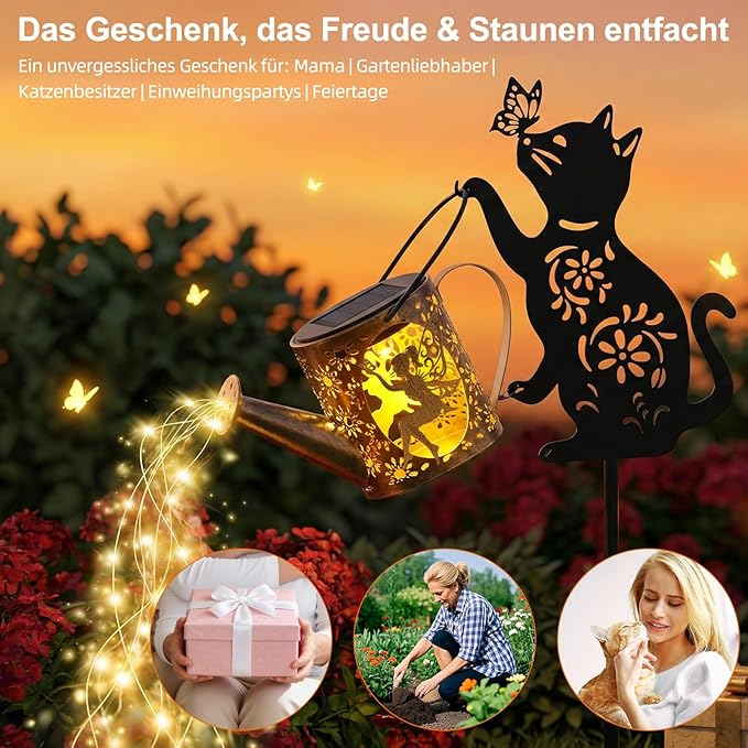 Solar Watering Can Lights with Fairy & Flowers, Outdoor Garden Decor with Cascading String Lights, Waterproof Solar Powered Hanging Lantern for Patio Yard Pathway, Gift for Mom Cat Lovers Gardeners