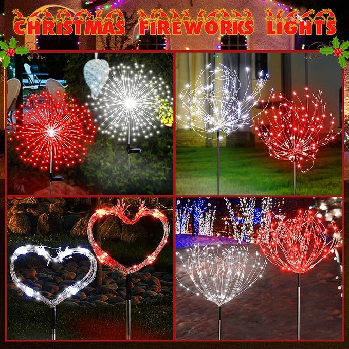 6 Pcs Valentine's Day Solar Firework Stake Lights 180 LED 8 Modes Solar Waterproof LED Sparkler Lights Outdoor Decoration for Garden Patio Yard Pathway Walkway Lawn (Red, White)
