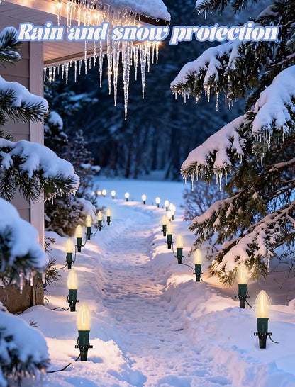C9 LED Christmas Pathway Lights, 38FT Outdoor Warm White Pathway Markers Lights with 25 Stakes, Connectable Waterproof Outside Christmas Decorations for Xmas Party Decor Patio Yard Lawn, Garden