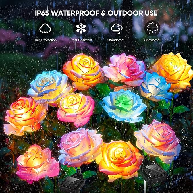 6-Pack Solar Flowers Outdoor Waterproof - Solar Garden Lights with Rose, Solar Flower Lights for Outside Yard Decorations Outdoor