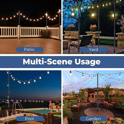 Adjustable String Light Pole 8 FT, 1 Pack Heavy Duty 38mm Rustproof Metal Mounting Pole for Deck, Fence, Patio - Dual Installation Garden Light Holder