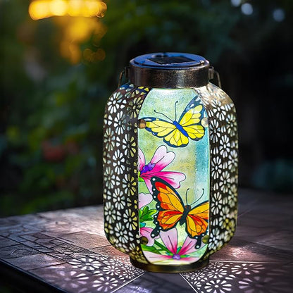 Solar Butterflies Lantern Outdoor Hanging Garden Decor – Waterproof Metal & Stained Glass Light with Handle Decorative Retro Yard Art for Patio, Porch, Table, Pathway – Gardening Gift for Mom & Women