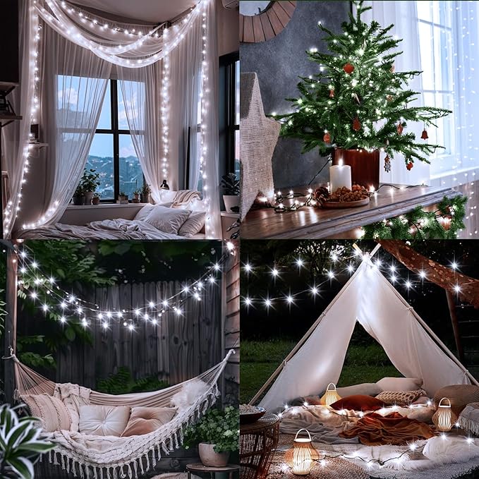 2 Pack String Lights Battery Operated, Each 23ft 70 LED Christmas Lights with Timer 8 Modes Fairy String Lights for Indoor Outdoor Wedding Garland Xmas Tree Decoration (Cool White)